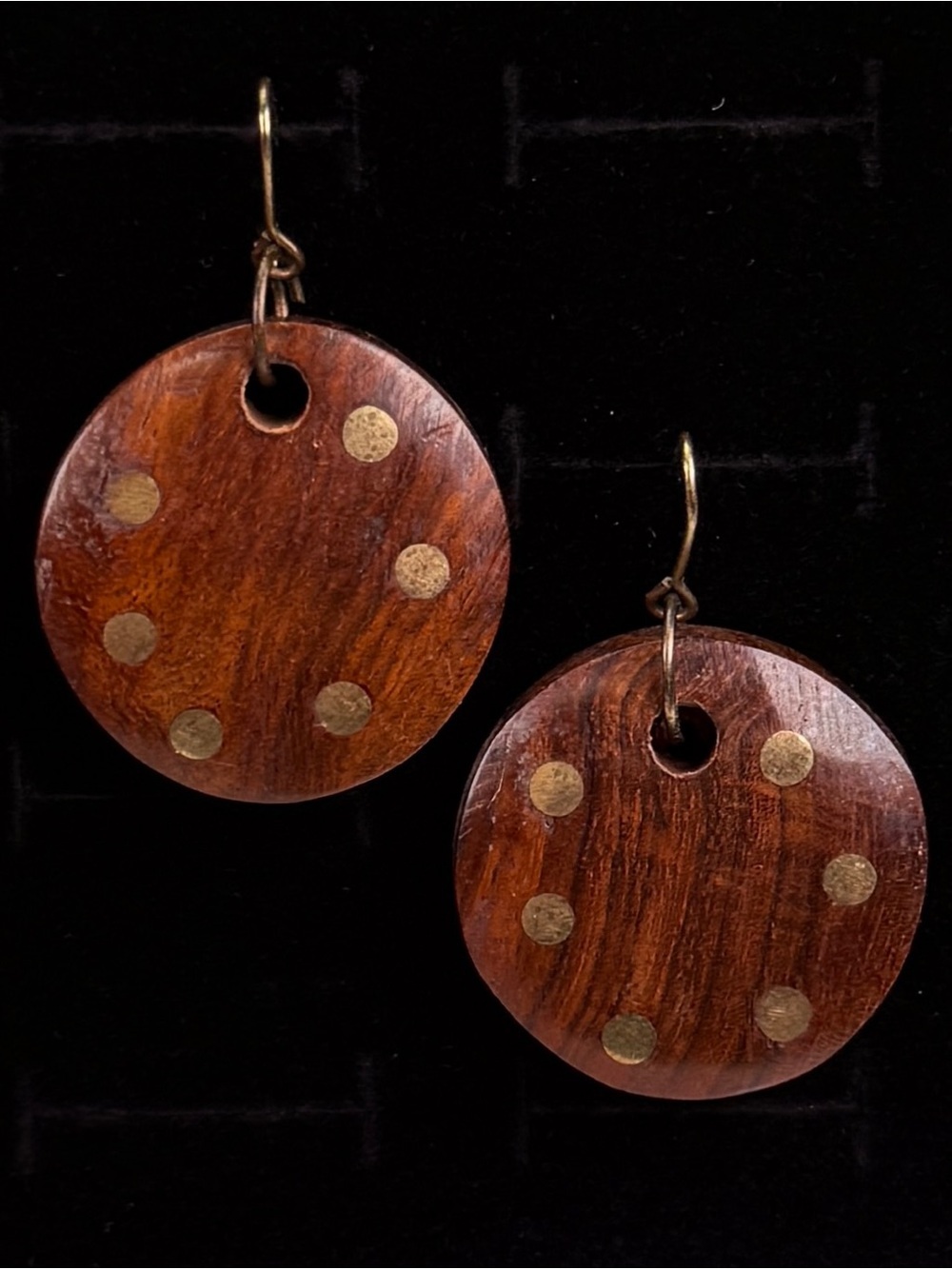 Wood Disc Pierced Dangle Earrings Brass Tone Dot Inlay